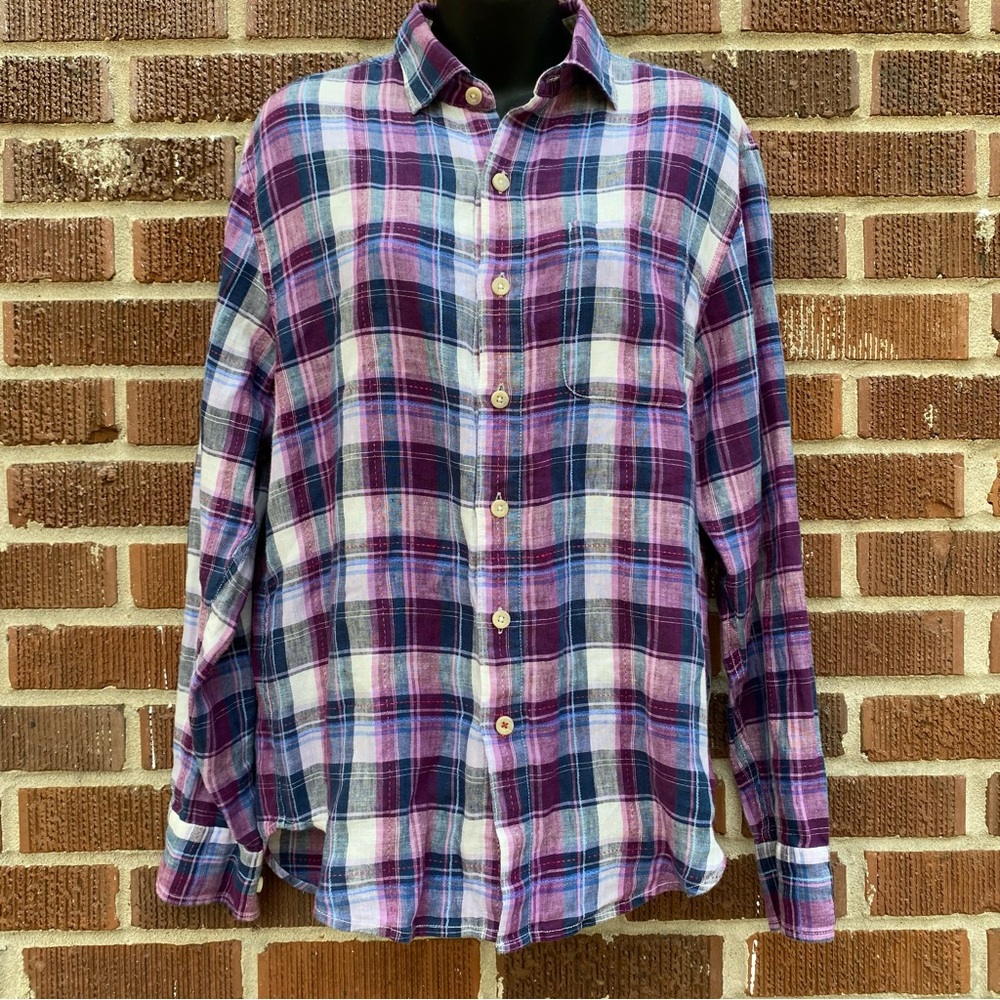 Tommy Bahama Men Pink Plaid Multicolor Linen Long Sleeve Button Down Shirt Sz S